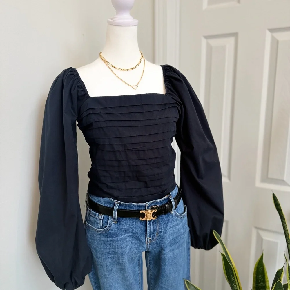 Abercrombie & Fitch Black Pintuck Puff Sleeve Square Neck Top M